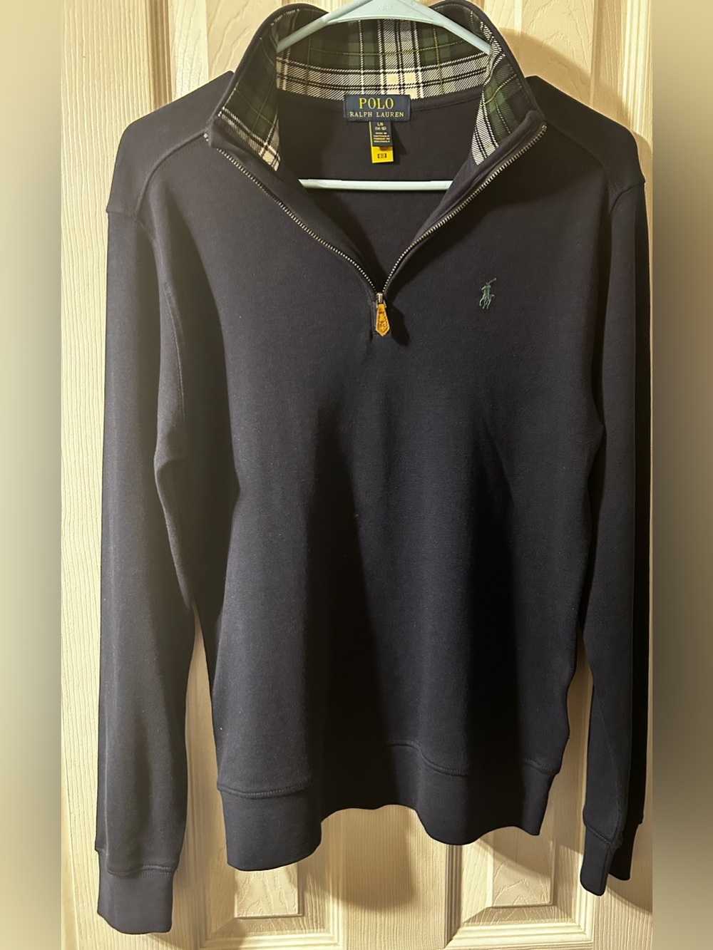 Polo by Ralph Lauren Navy Quarter-Zip Sweater with Plaid Trim